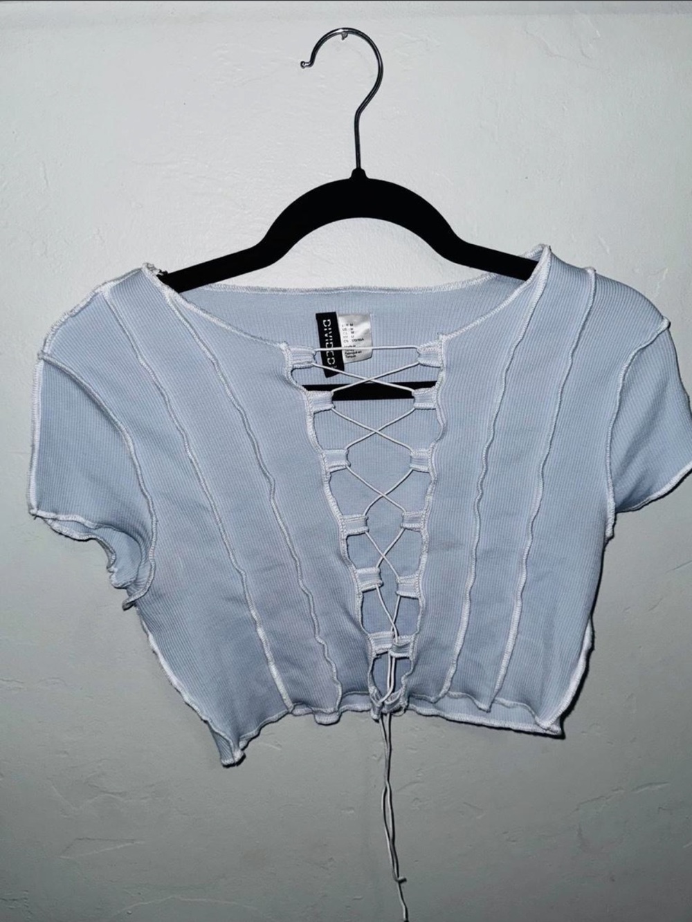 H&M Pale Blue Ribbed Lace-Up Crop Top